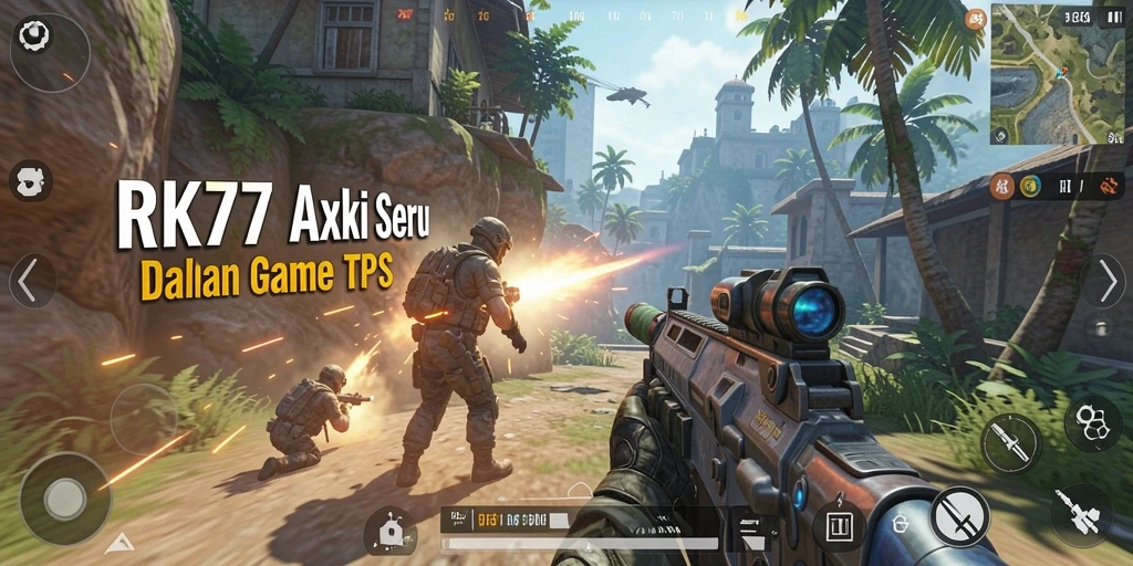 Tangkapan layar gameplay RK77 yang menunjukkan aksi pertempuran TPS.